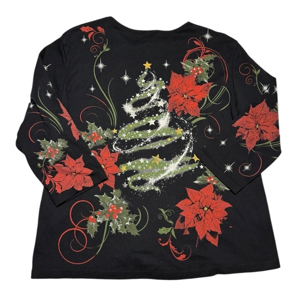 Jess & Jane Black Christmas Tree Wish Poinsettia Long Sleeve Top Shirt XL - Picture 2 of 3